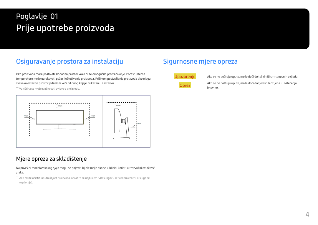 Samsung LC49HG90DMUXEN Prije upotrebe proizvoda, Osiguravanje prostora za instalaciju, Sigurnosne mjere opreza, Imovine 