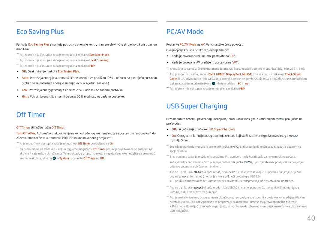 Samsung LC49HG90DMUXEN manual Eco Saving Plus, Off Timer, PC/AV Mode, USB Super Charging, Priključkom 