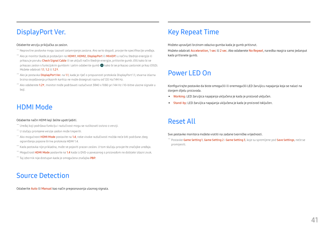 Samsung LC49HG90DMUXEN manual DisplayPort Ver, Hdmi Mode, Source Detection, Key Repeat Time, Power LED On, Reset All 