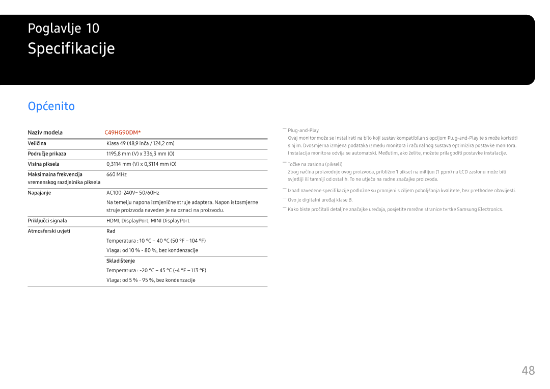 Samsung LC49HG90DMUXEN manual Specifikacije, Općenito 