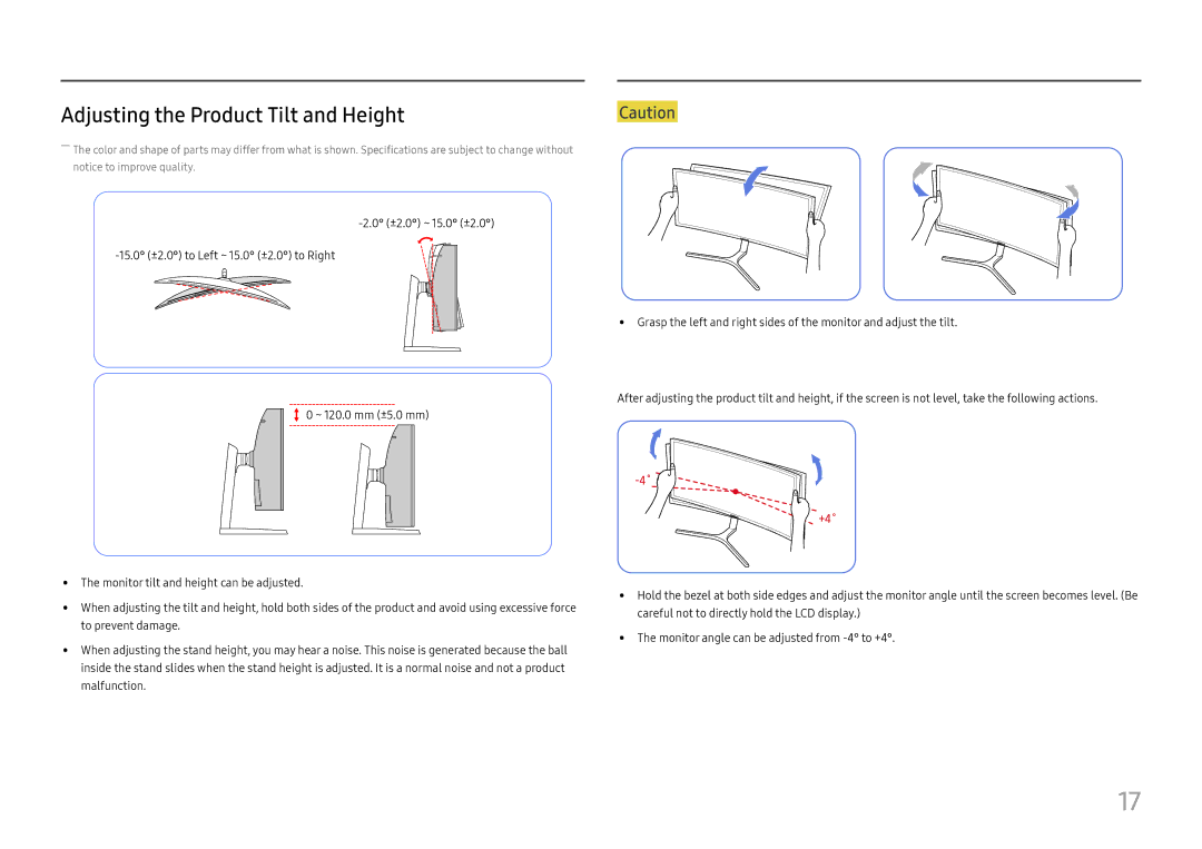 Samsung LC49J890DKIXCI, LC49J890DKUXEN manual Adjusting the Product Tilt and Height, +4˚ 