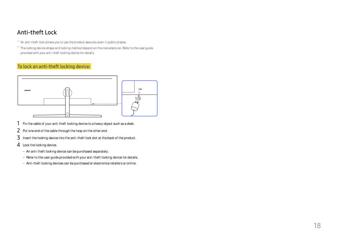 Samsung LC49J890DKUXEN, LC49J890DKIXCI manual Anti-theft Lock, To lock an anti-theft locking device 