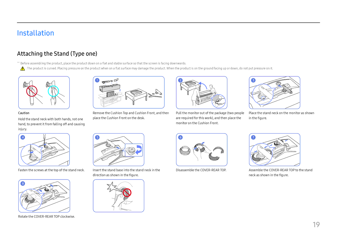 Samsung LC49J890DKIXCI, LC49J890DKUXEN manual Installation, Attaching the Stand Type one 