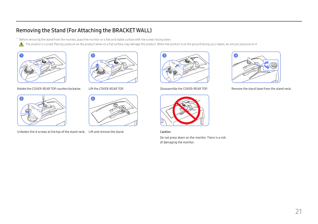 Samsung LC49J890DKIXCI, LC49J890DKUXEN manual Removing the Stand For Attaching the Bracket Wall 