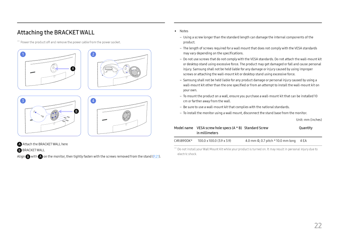 Samsung LC49J890DKUXEN, LC49J890DKIXCI manual Attaching the Bracket Wall, Attach the Bracket Wall here 