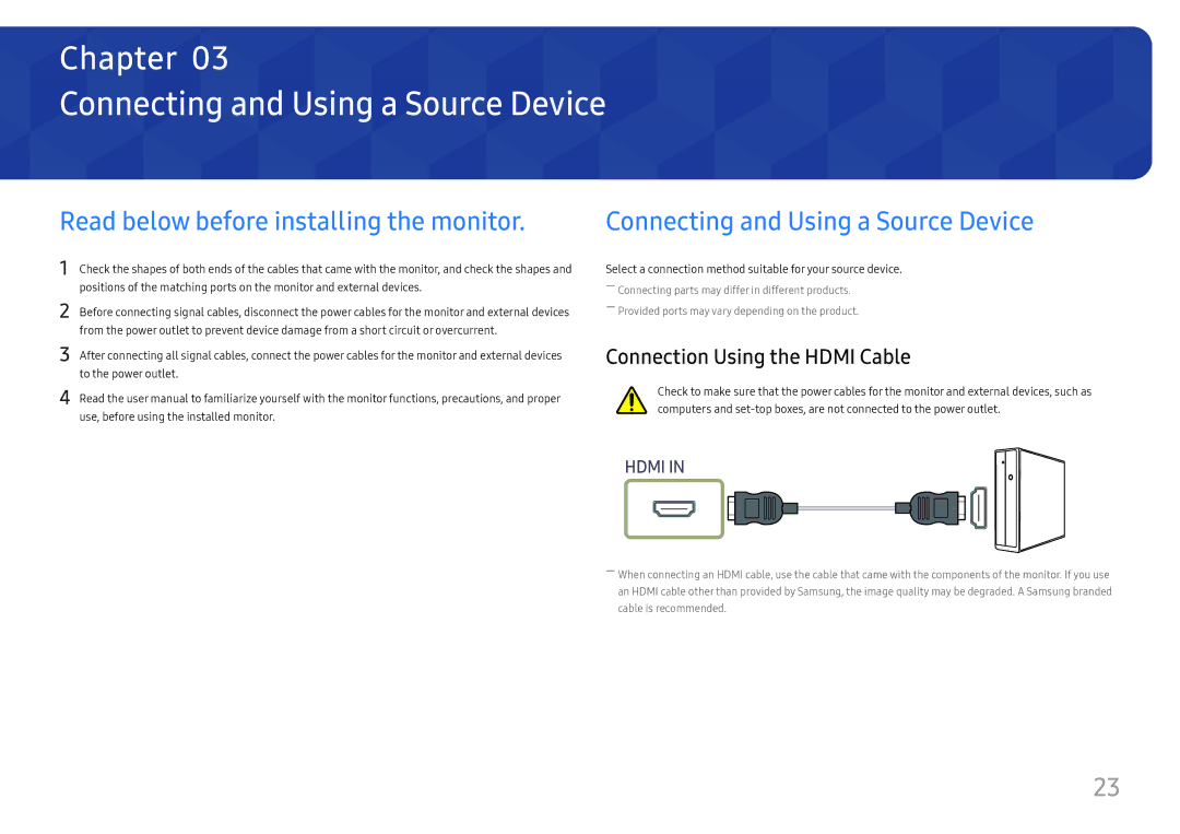 Samsung LC49J890DKIXCI, LC49J890DKUXEN manual Connecting and Using a Source Device, Read below before installing the monitor 