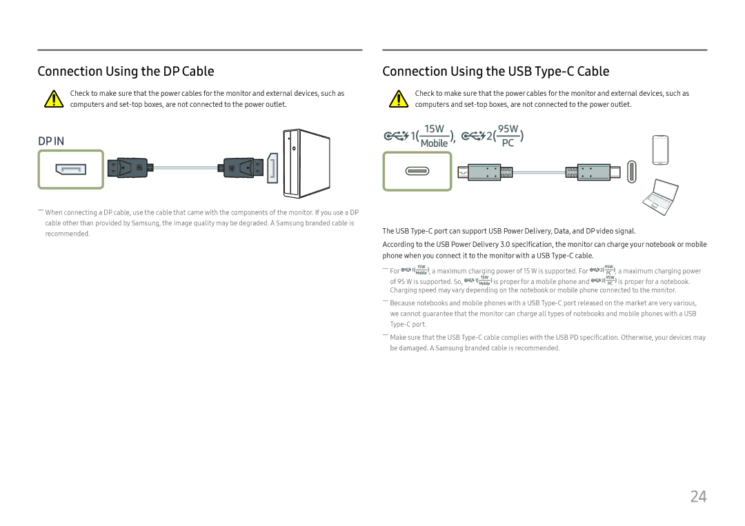 Samsung LC49J890DKUXEN, LC49J890DKIXCI manual Connection Using the DP Cable, Connection Using the USB Type-C Cable 