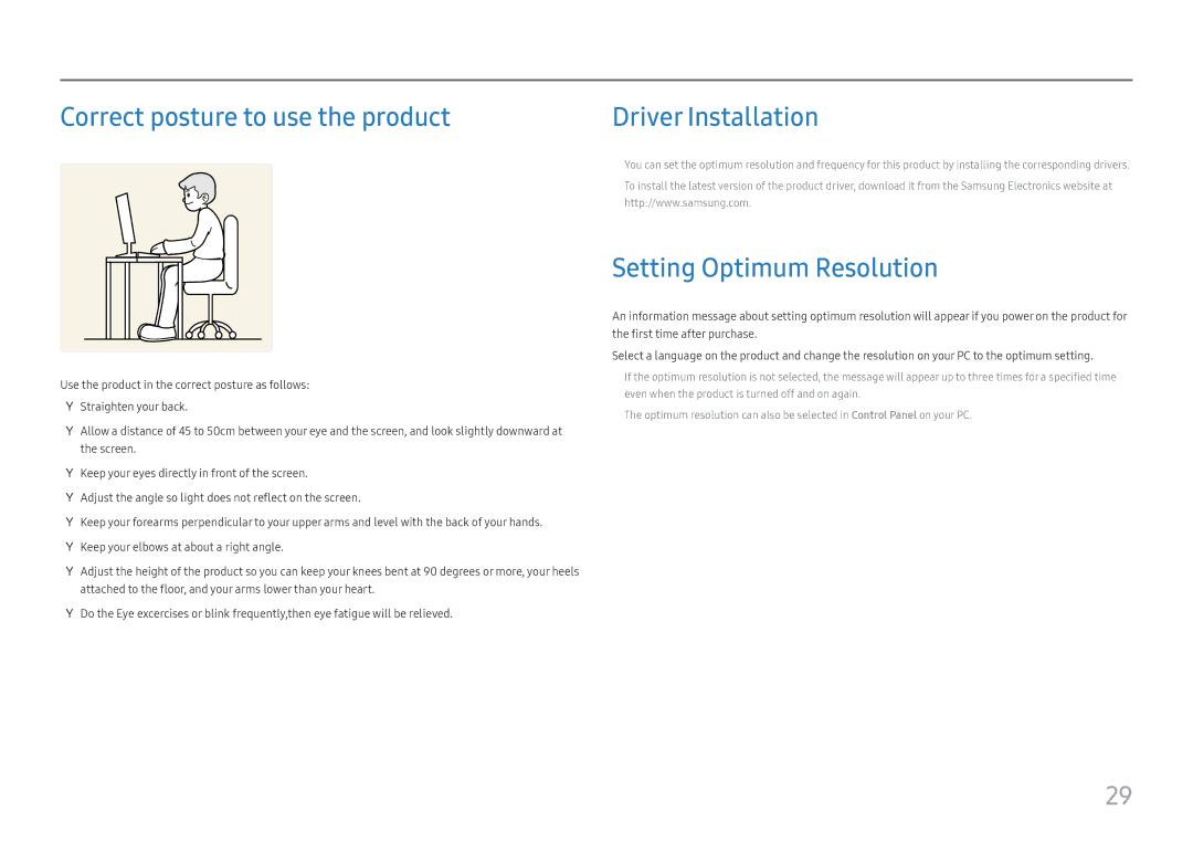 Samsung LC49J890DKIXCI, LC49J890DKUXEN Correct posture to use the product, Driver Installation, Setting Optimum Resolution 