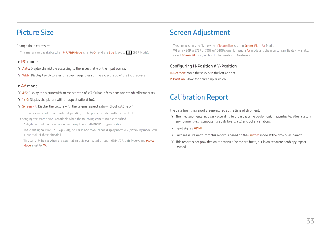 Samsung LC49J890DKIXCI, LC49J890DKUXEN manual Picture Size, Screen Adjustment, Calibration Report, Change the picture size 