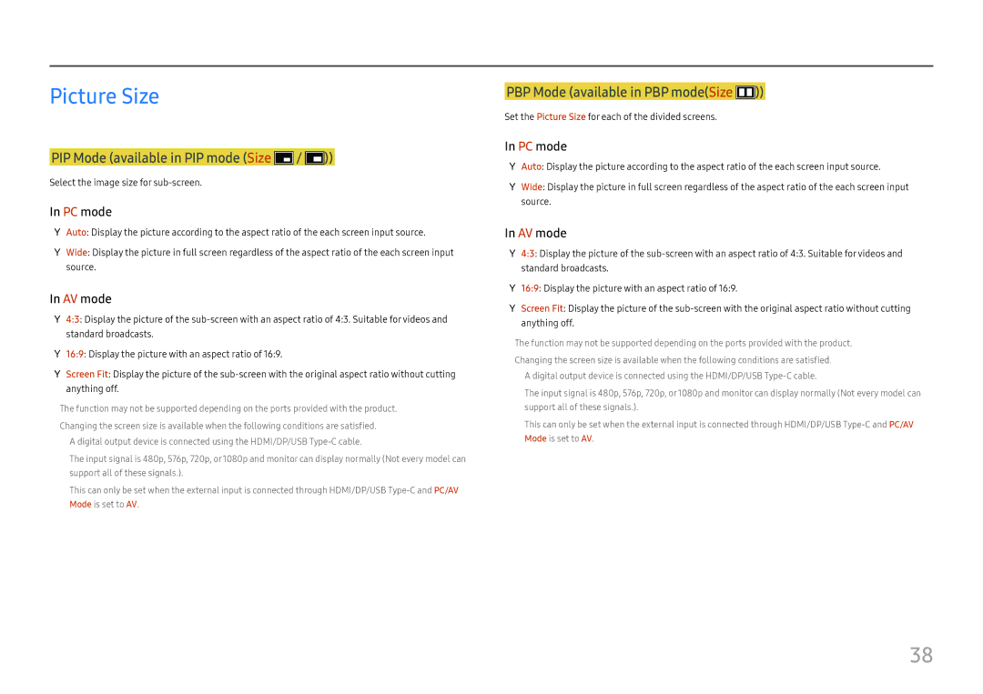 Samsung LC49J890DKUXEN manual Select the image size for sub-screen, Set the Picture Size for each of the divided screens 