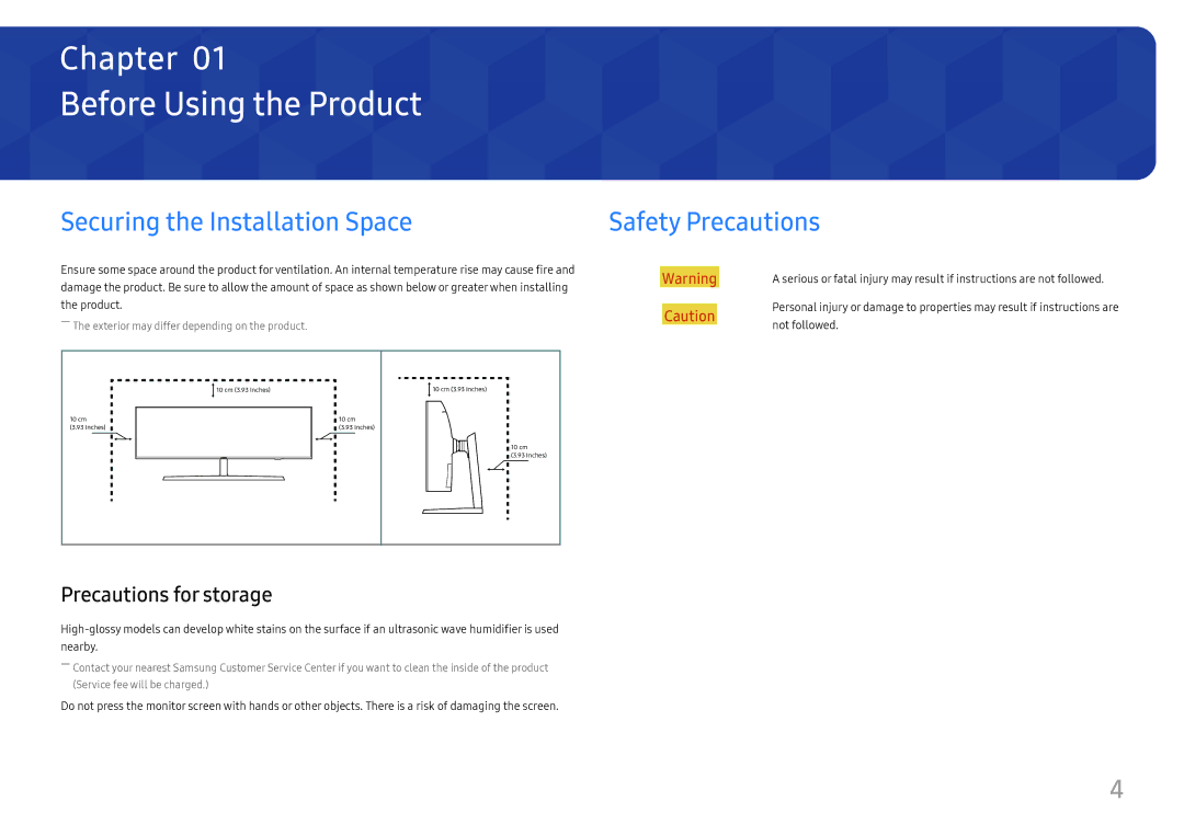 Samsung LC49J890DKUXEN manual Before Using the Product, Securing the Installation Space, Safety Precautions, Not followed 