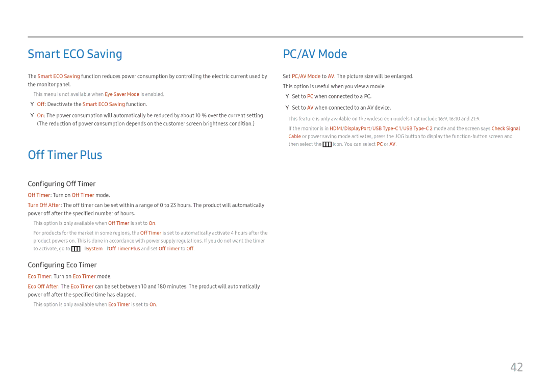 Samsung LC49J890DKUXEN, LC49J890DKIXCI manual Off Timer Plus, PC/AV Mode, Off Deactivate the Smart ECO Saving function 