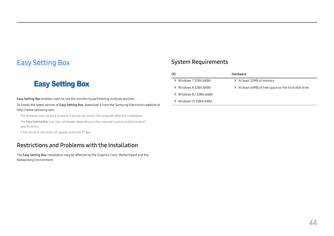 Samsung LC49J890DKUXEN manual Installing the Software, Easy Setting Box, Restrictions and Problems with the Installation 