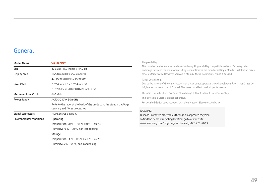 Samsung LC49J890DKIXCI, LC49J890DKUXEN manual Specifications, General 