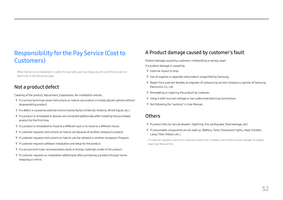 Samsung LC49J890DKUXEN manual Appendix, Responsibility for the Pay Service Cost to Customers, Not a product defect, Others 