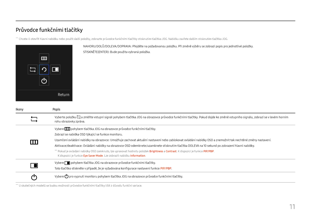 Samsung LC49J890DKUXEN manual Průvodce funkčními tlačítky, Return 