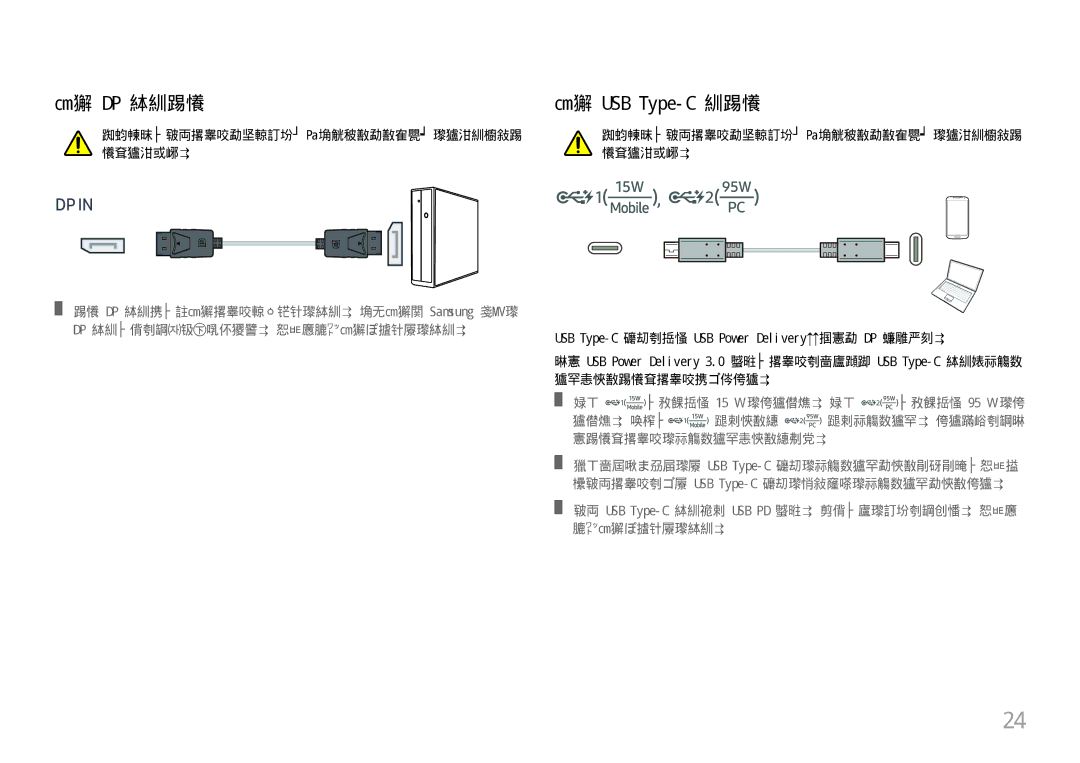 Samsung LC49J890DKUXEN manual 使用 Dp 缆线连接, ――确保 USB Type-C缆线符合 USB PD 规格。 否则，您的设备可能受损。 我们推 荐你使用三星附带的缆线。 