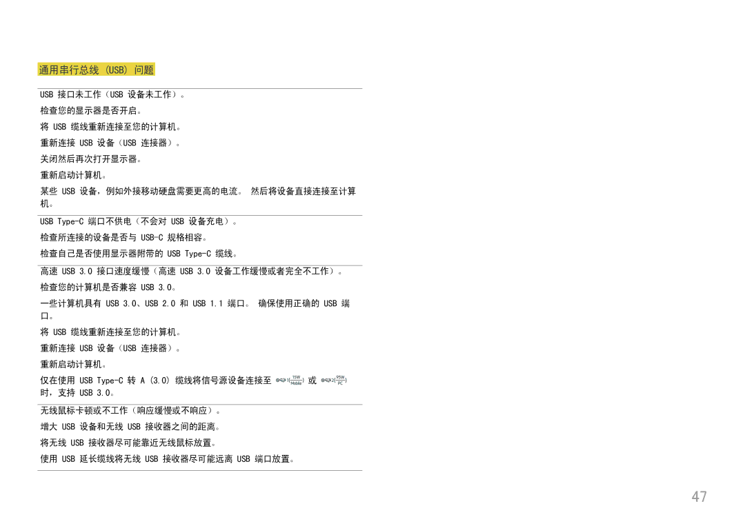 Samsung LC49J890DKUXEN manual 通用串行总线 Usb 问题 