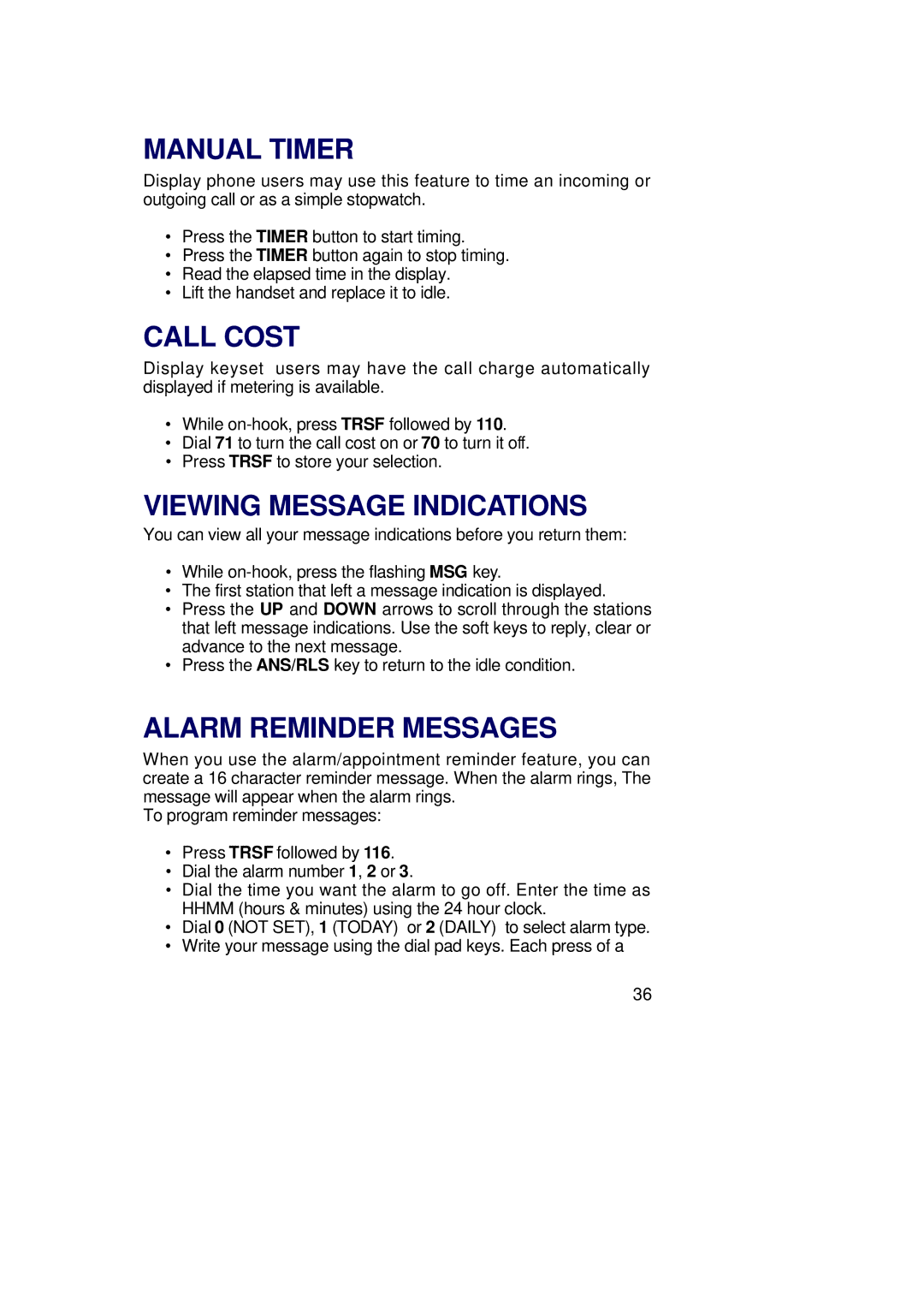 Samsung 6B, LCD 12B, LCD 24BI, STD 12B, STD 24B Manual Timer, Call Cost, Viewing Message Indications, Alarm Reminder Messages 