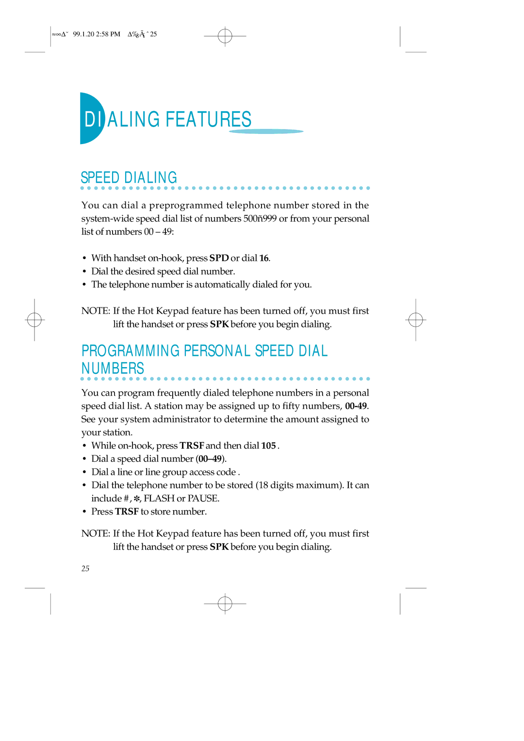 Samsung STD12B, LCD12B, STD24B manual DI Aling Features, Speed Dialing, Programming Personal Speed Dial Numbers 