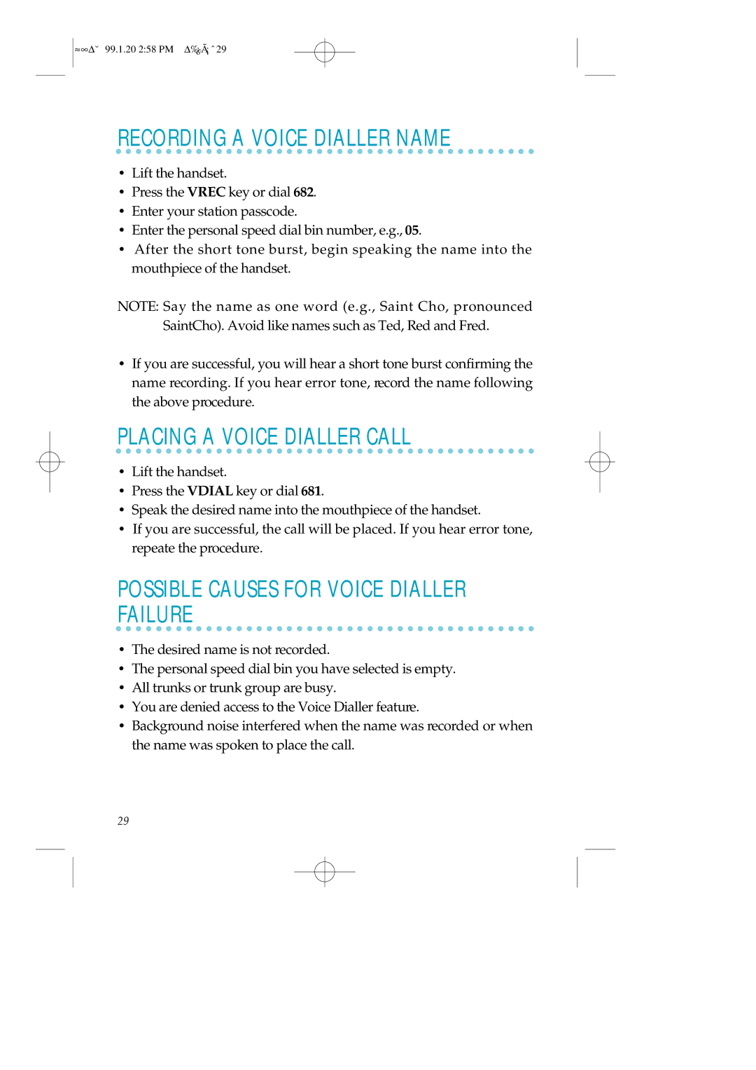 Samsung LCD12B Recording a Voice Dialler Name, Placing a Voice Dialler Call, Possible Causes for Voice Dialler Failure 