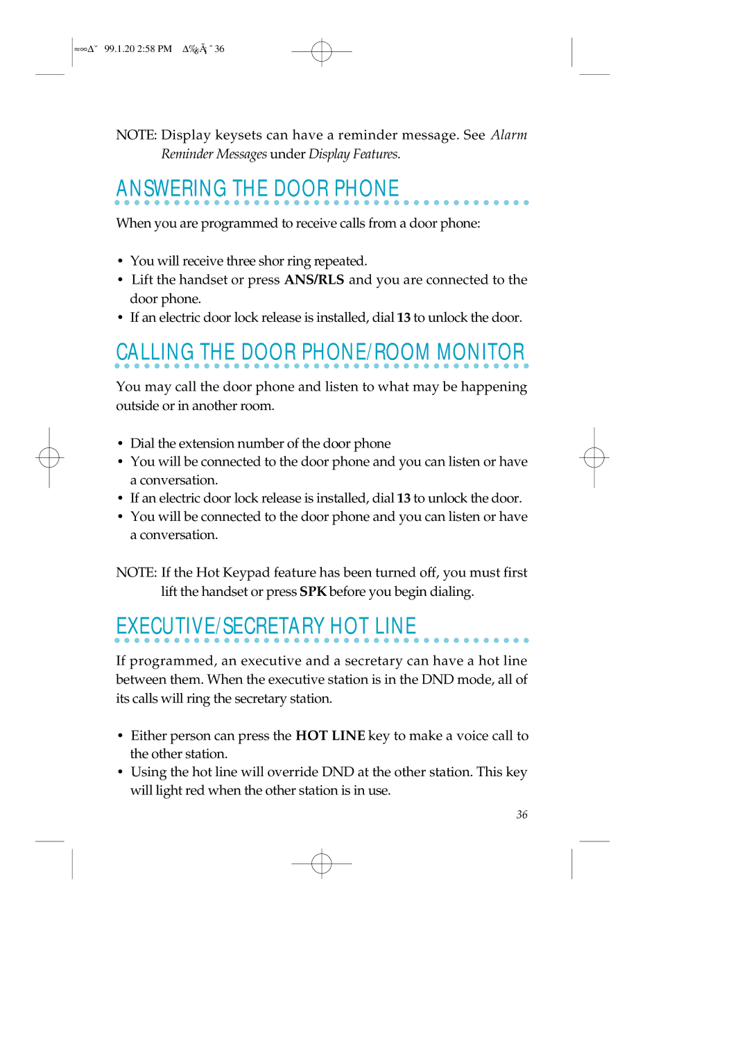 Samsung STD24B, LCD12B, STD12B Answering the Door Phone, Calling the Door PHONE/ROOM Monitor, EXECUTIVE/SECRETARY HOT Line 