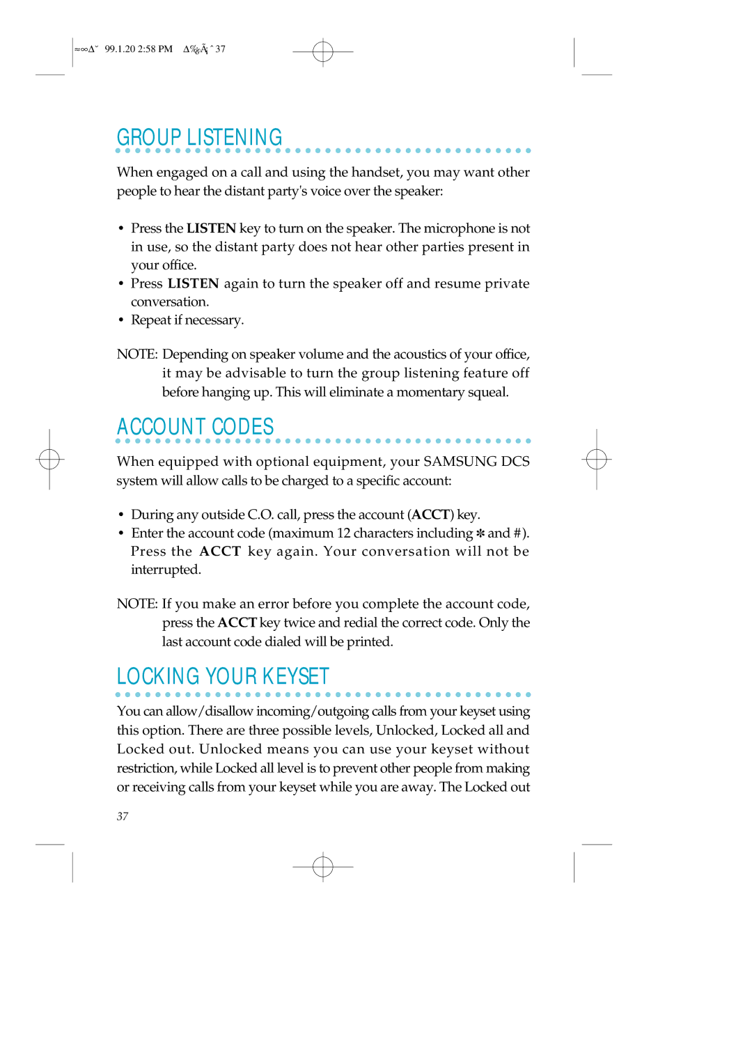 Samsung STD12B, LCD12B, STD24B manual Group Listening, Account Codes, Locking Your Keyset 