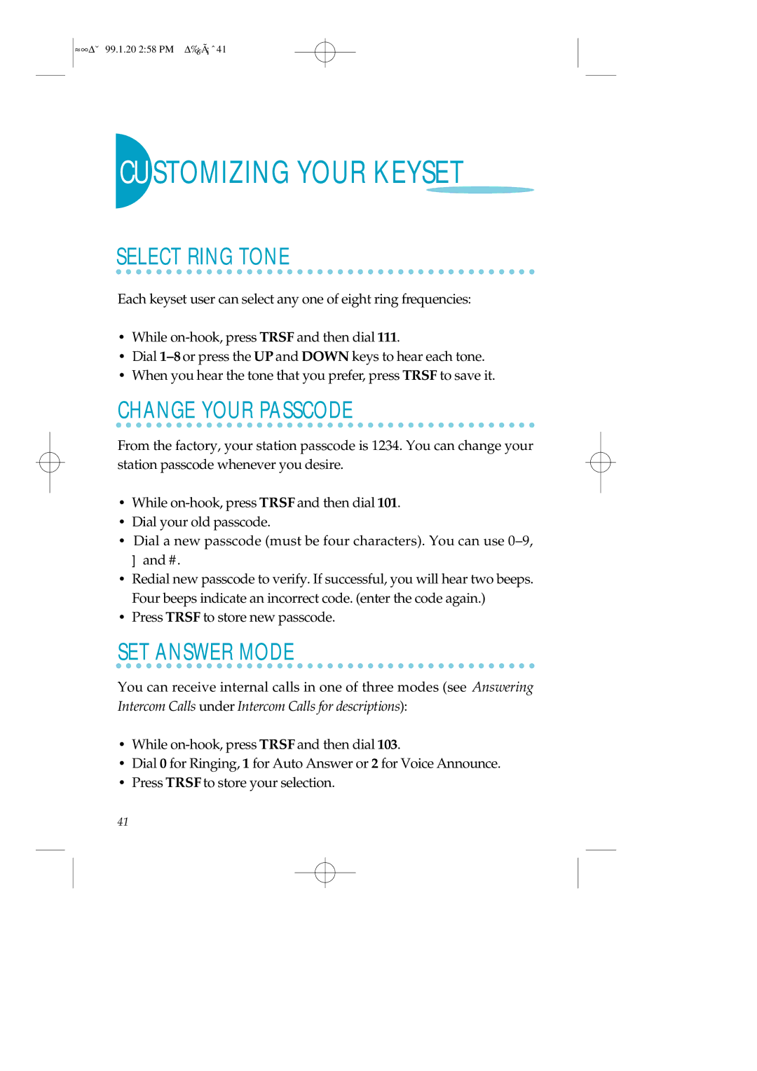 Samsung LCD12B, STD24B, STD12B manual Customizing Your Keyset, Select Ring Tone, Change Your Passcode, SET Answer Mode 