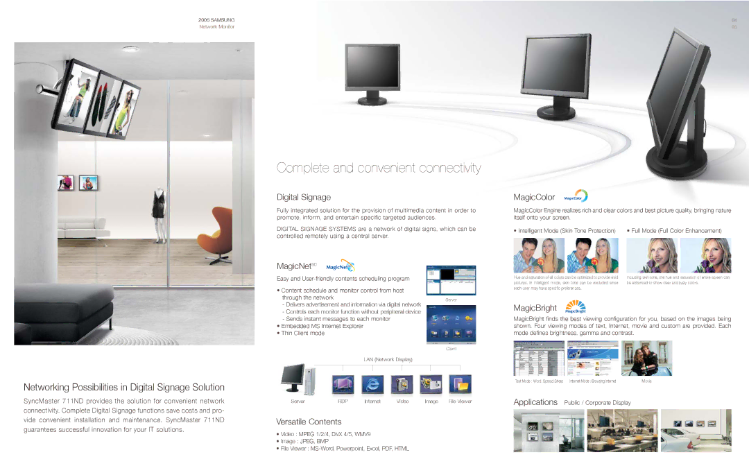 Samsung LCDM0601CA01HQ-WW specifications Digital Signage, MagicNetSD, Versatile Contents, MagicColor, MagicBright 