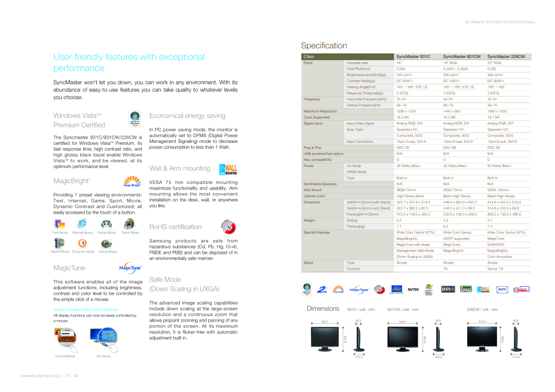 Samsung LCDM0707CA01HQ-WW manual User friendly features with exceptional performance, Specification 