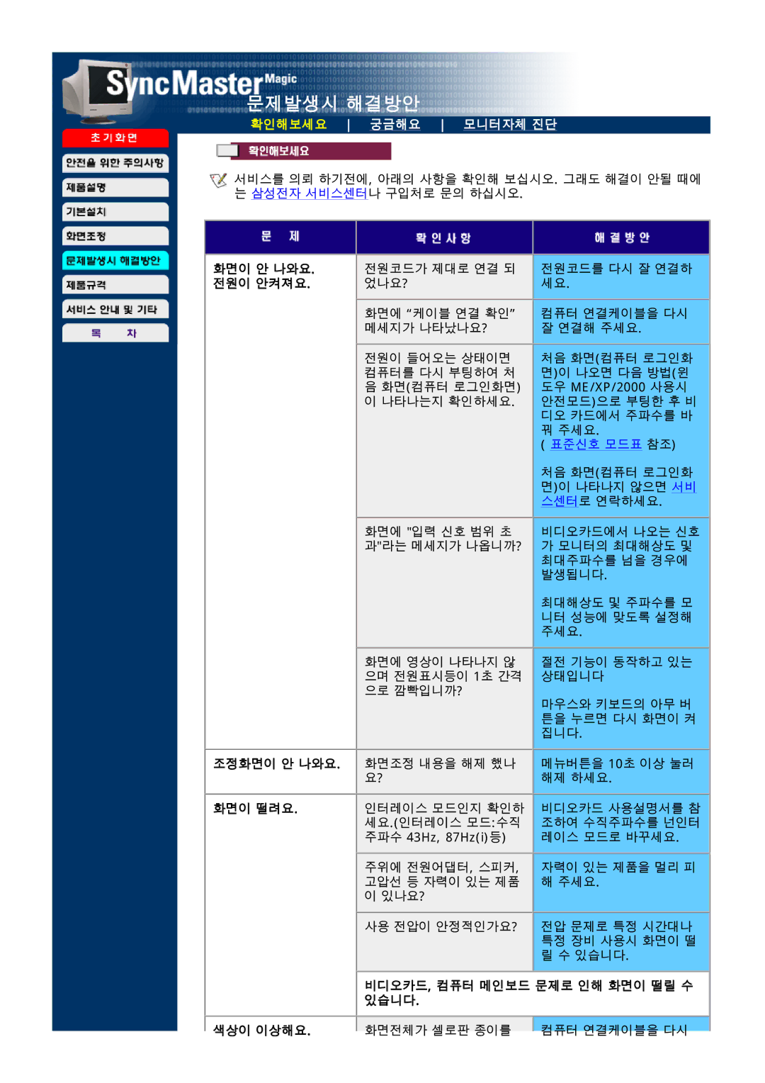 Samsung CDP17BDF-U, LD173AP manual 확인해보세요 궁금해요 모니터자체 진단, 화면이 안 나와요, 전원이 안켜져요, 비디오카드, 컴퓨터 메인보드 문제로 인해 화면이 떨릴 수 있습니다 색상이 이상해요 