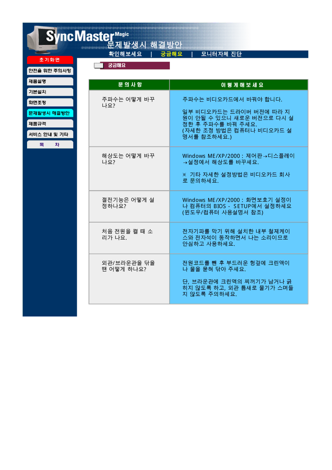 Samsung ED173AP, LD173AP, CD173AT, CDP17BDF-UP, CD173AP, CDP17BDF-UC, HD173AP, FD173AP, ND173AP manual 문제발생시 해결방안 