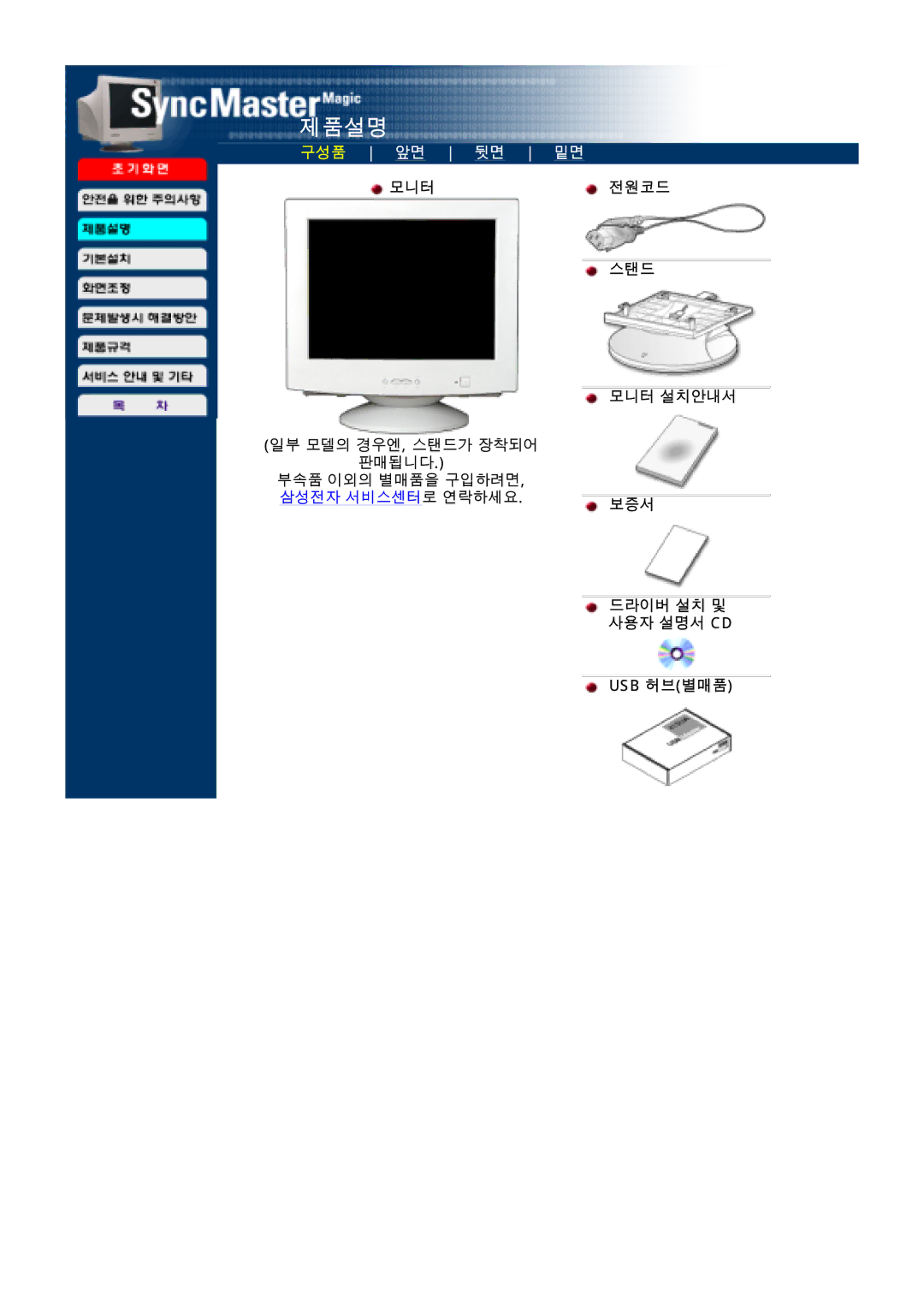 Samsung ED173AP, LD173AP, CD173AT, CDP17BDF-UP manual 구성품 앞면 뒷면 밑면, 전원코드 스탠드 모니터 설치안내서 보증서 드라이버 설치 및 사용자 설명서 Cd Usb 허브별매품 