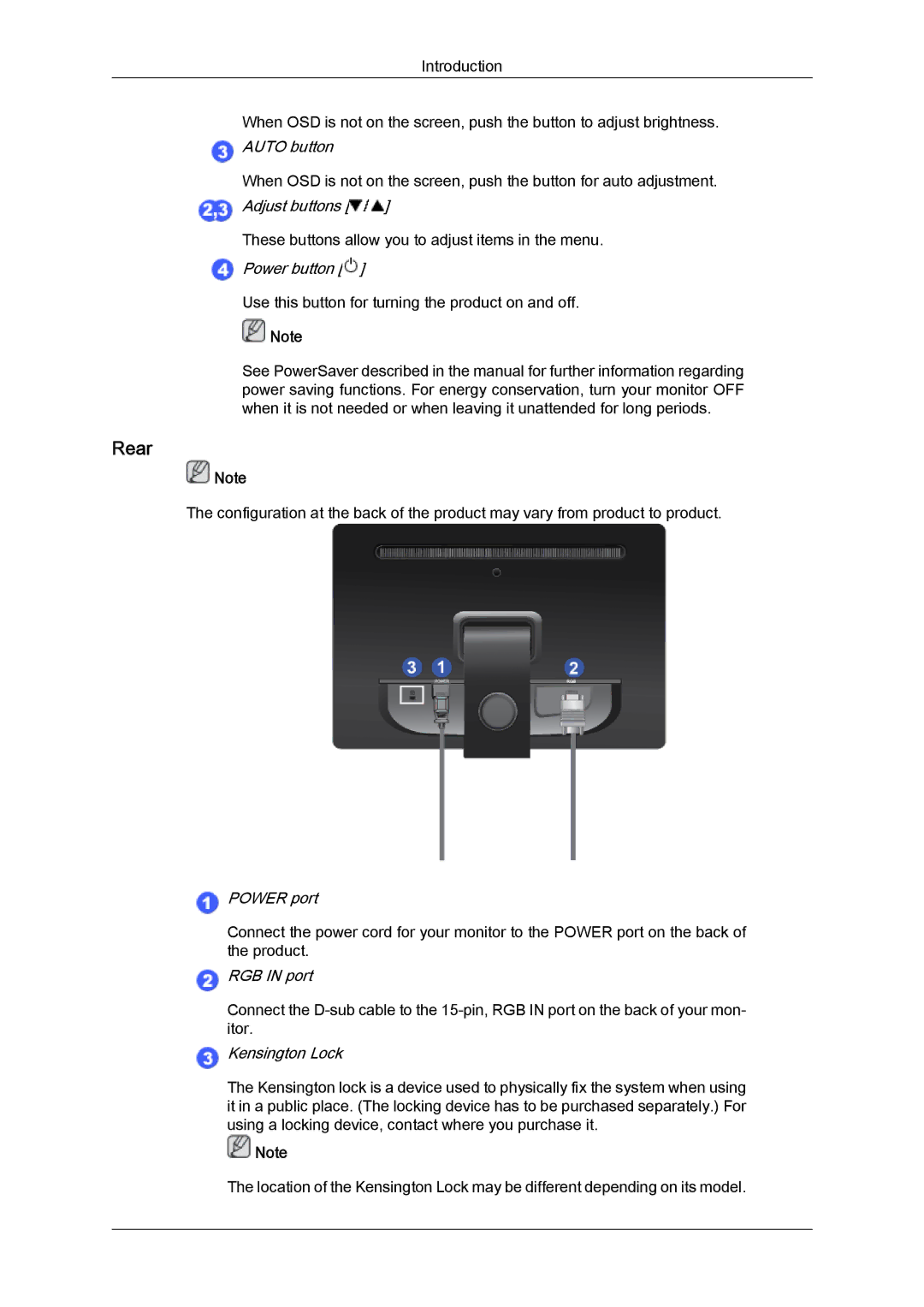 Samsung LD190N user manual Rear, Power button 