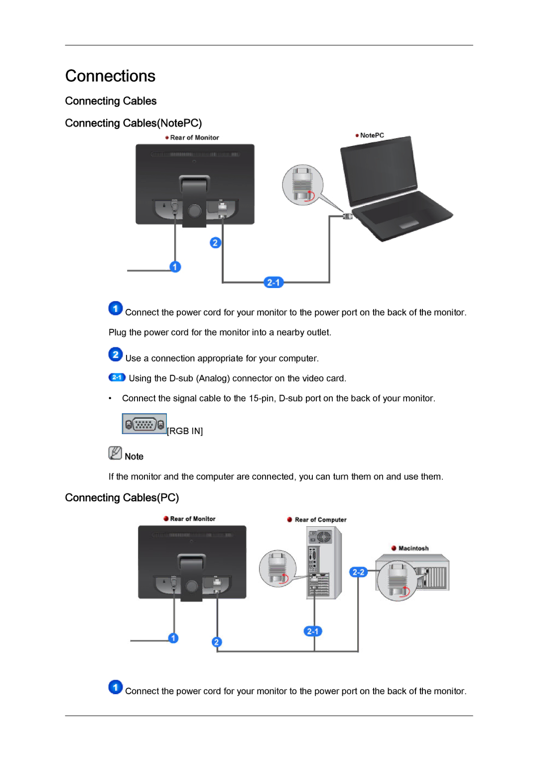 Samsung LD190N user manual Connections, Connecting Cables Connecting CablesNotePC, Connecting CablesPC 