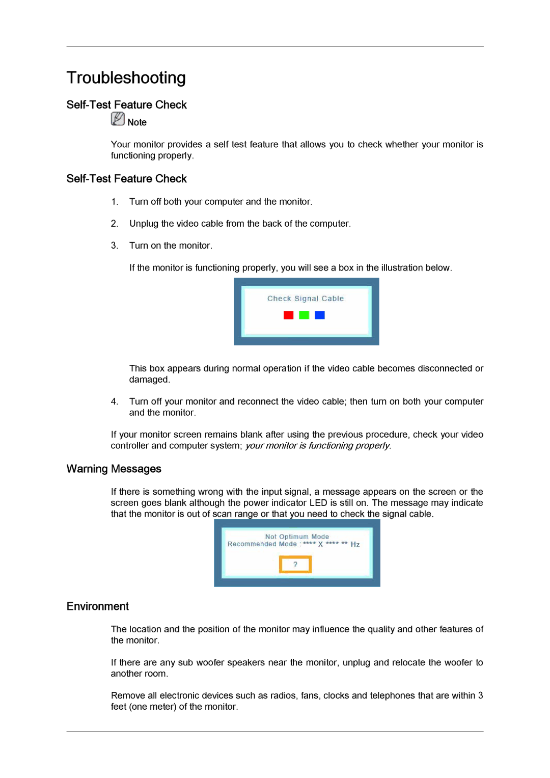 Samsung LD190N user manual Troubleshooting, Self-Test Feature Check, Environment 