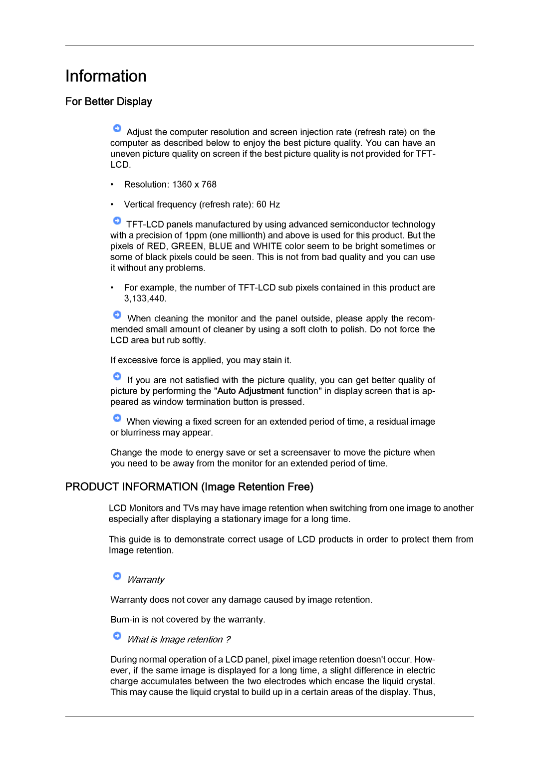 Samsung LD190N user manual For Better Display, Product Information Image Retention Free 