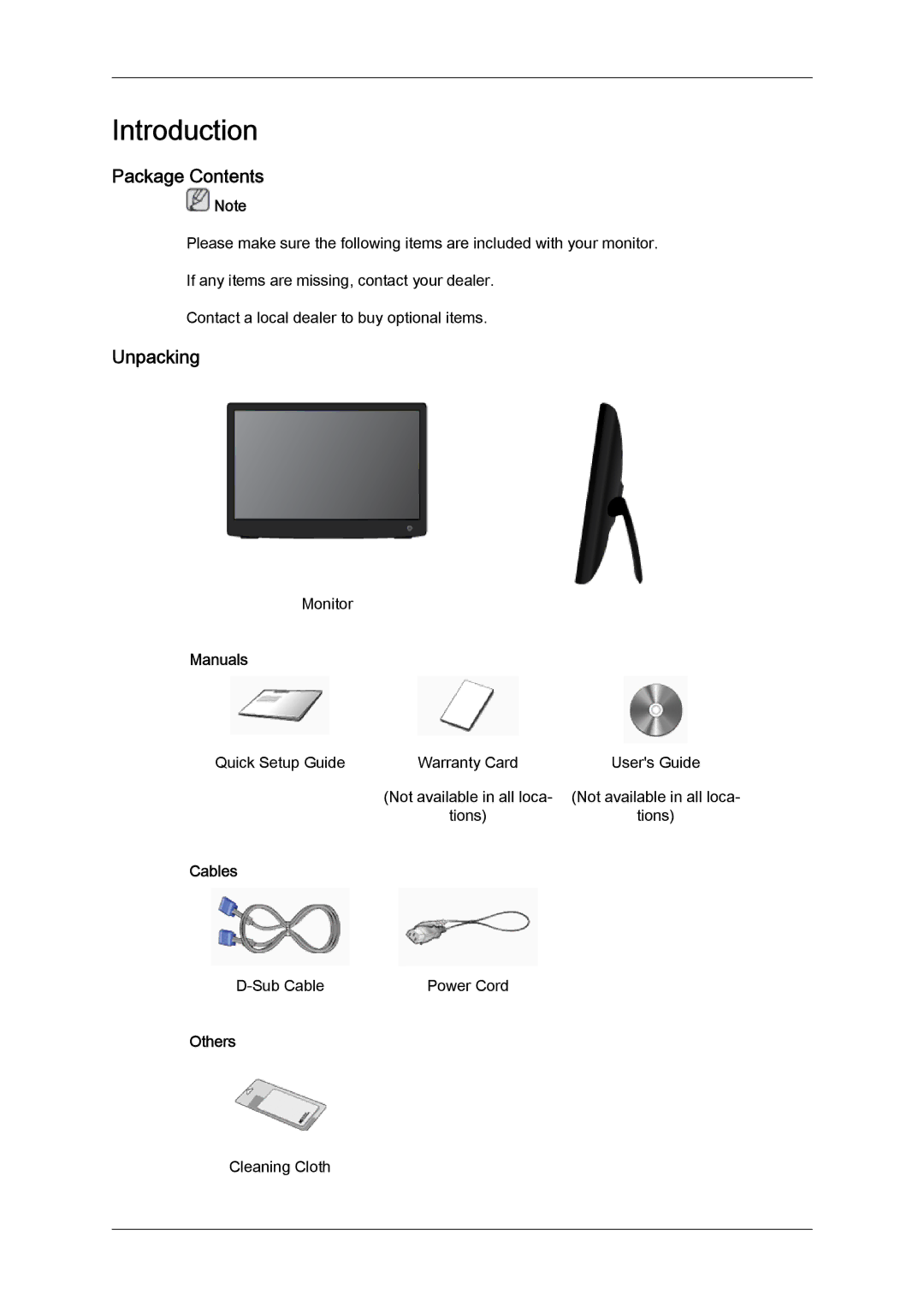 Samsung LD190N user manual Introduction, Package Contents, Unpacking 