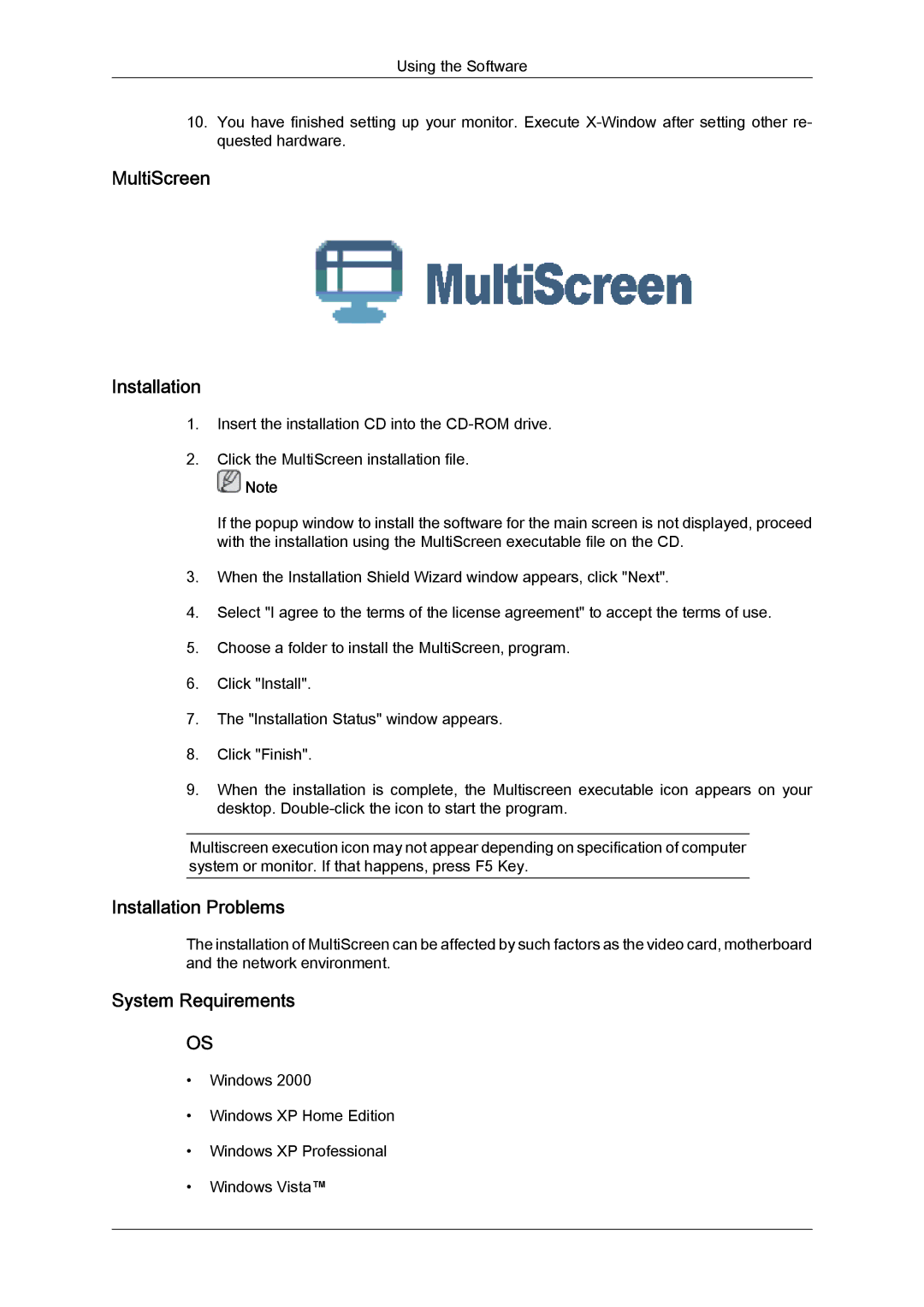Samsung LD190N user manual MultiScreen Installation, Installation Problems, System Requirements 