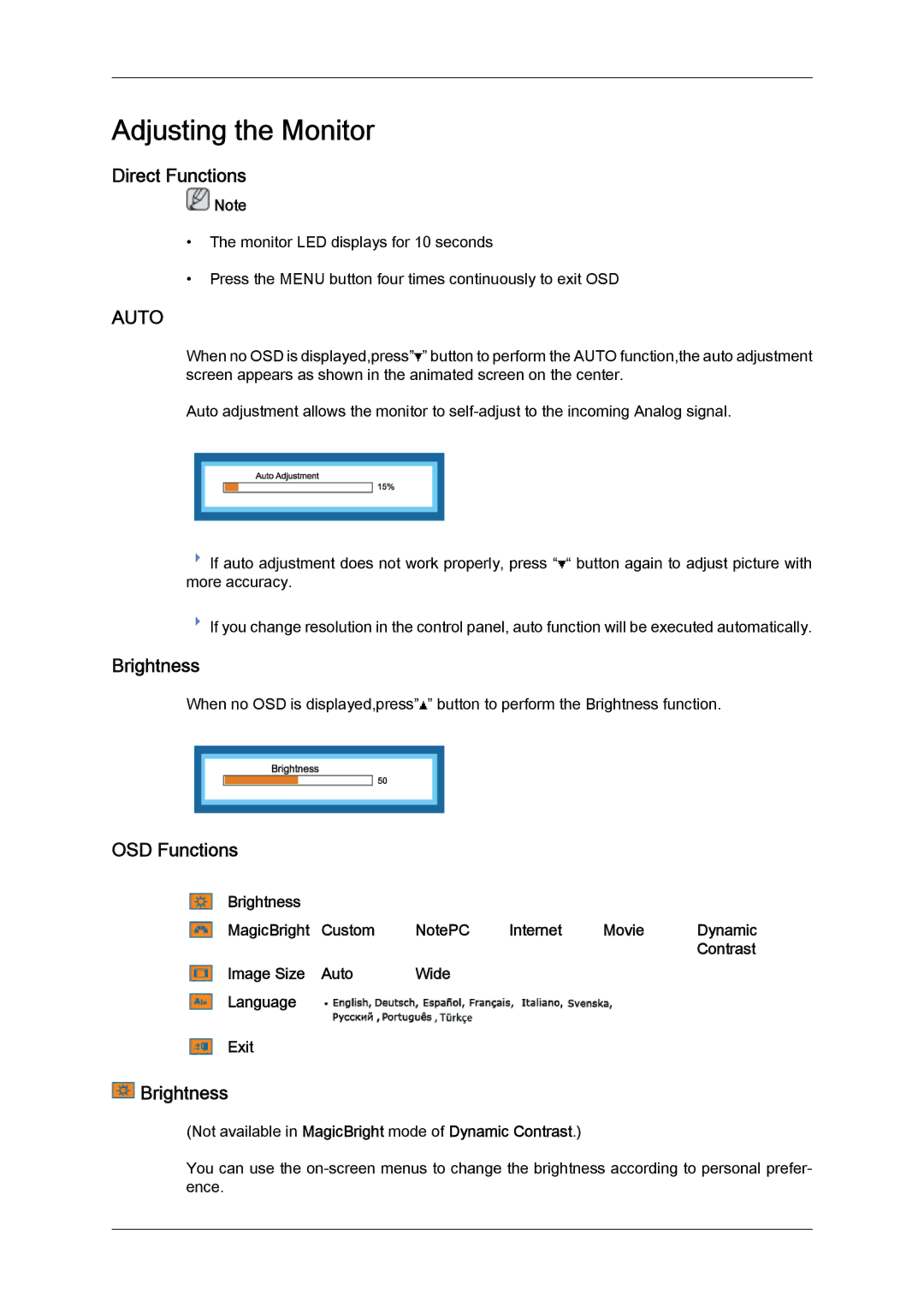 Samsung LD190N user manual Adjusting the Monitor, Direct Functions, Brightness, OSD Functions 