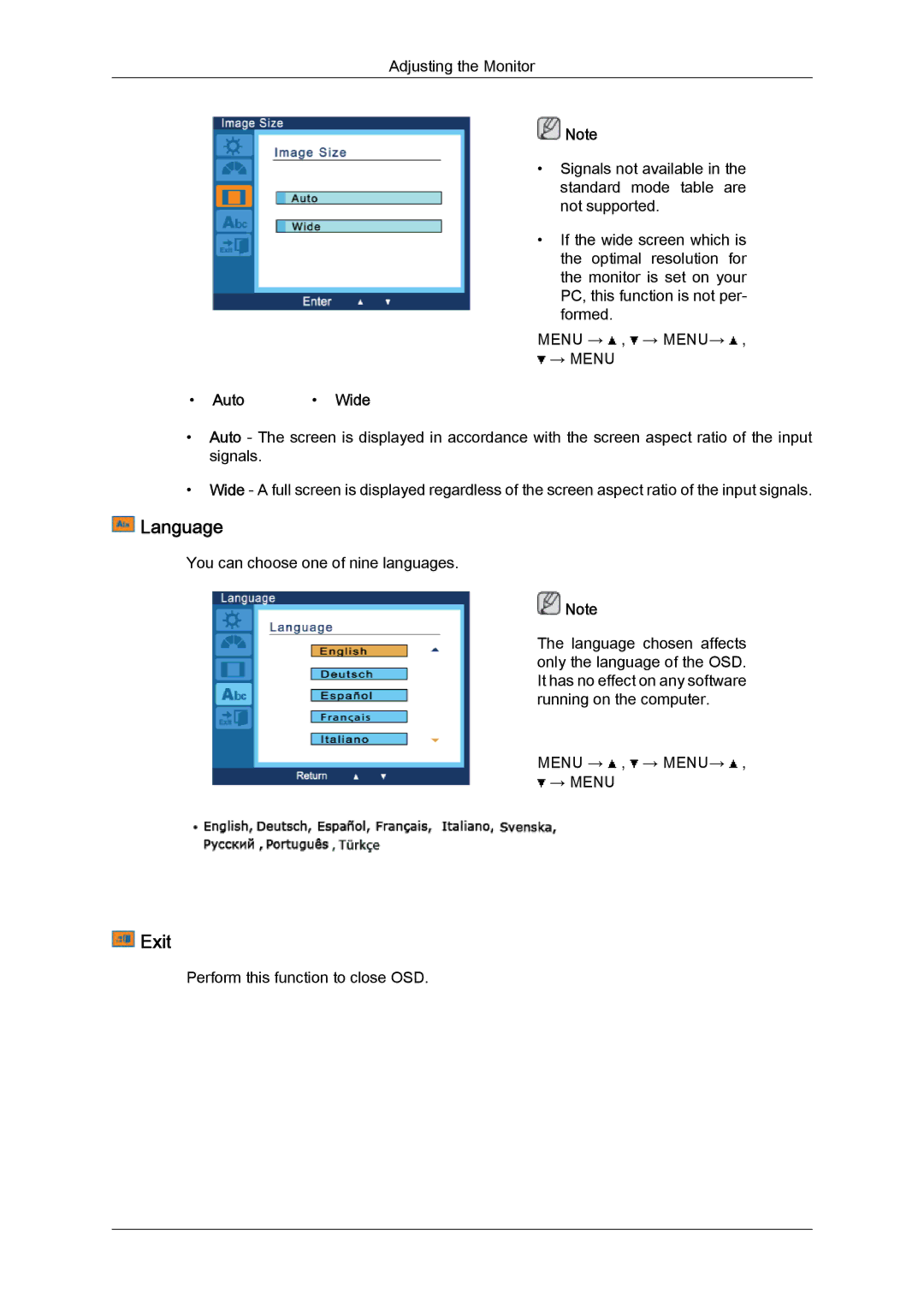 Samsung LD190N user manual Language, Exit, Auto Wide 