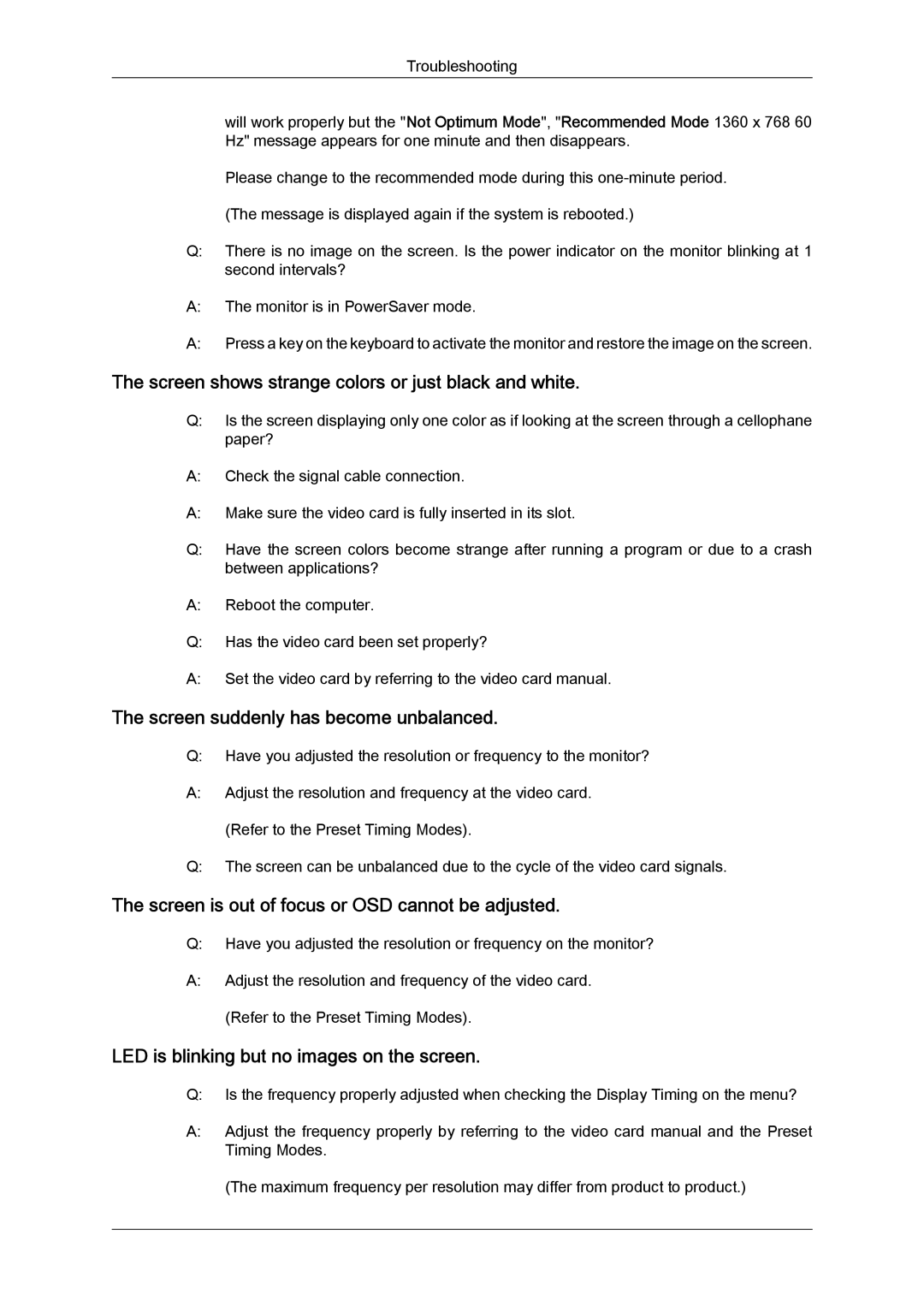 Samsung LD190N user manual Screen shows strange colors or just black and white, Screen suddenly has become unbalanced 