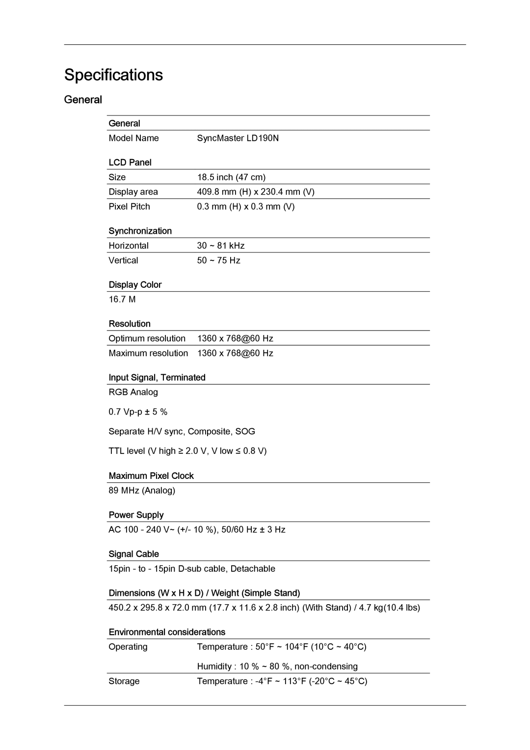 Samsung LD190N user manual Specifications, General 