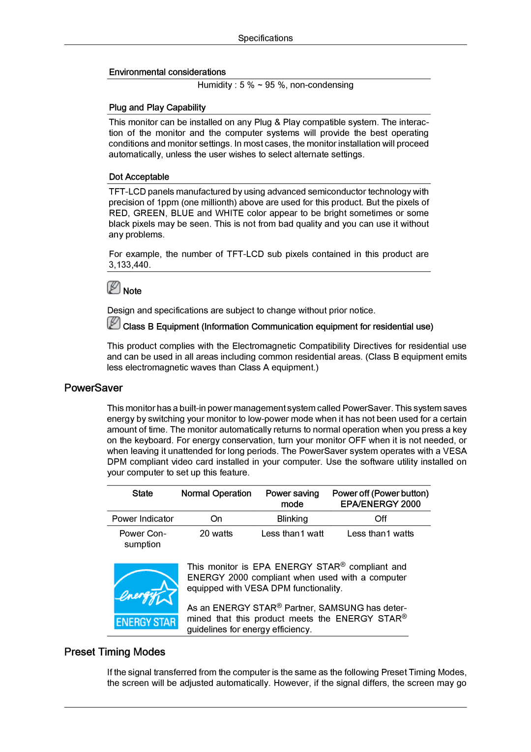 Samsung LD190N user manual PowerSaver, Preset Timing Modes, Plug and Play Capability, Dot Acceptable 