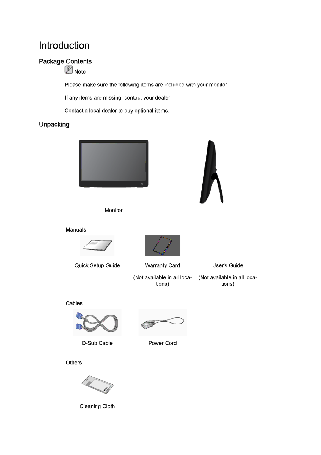 Samsung LD190N user manual Introduction, Package Contents, Unpacking 