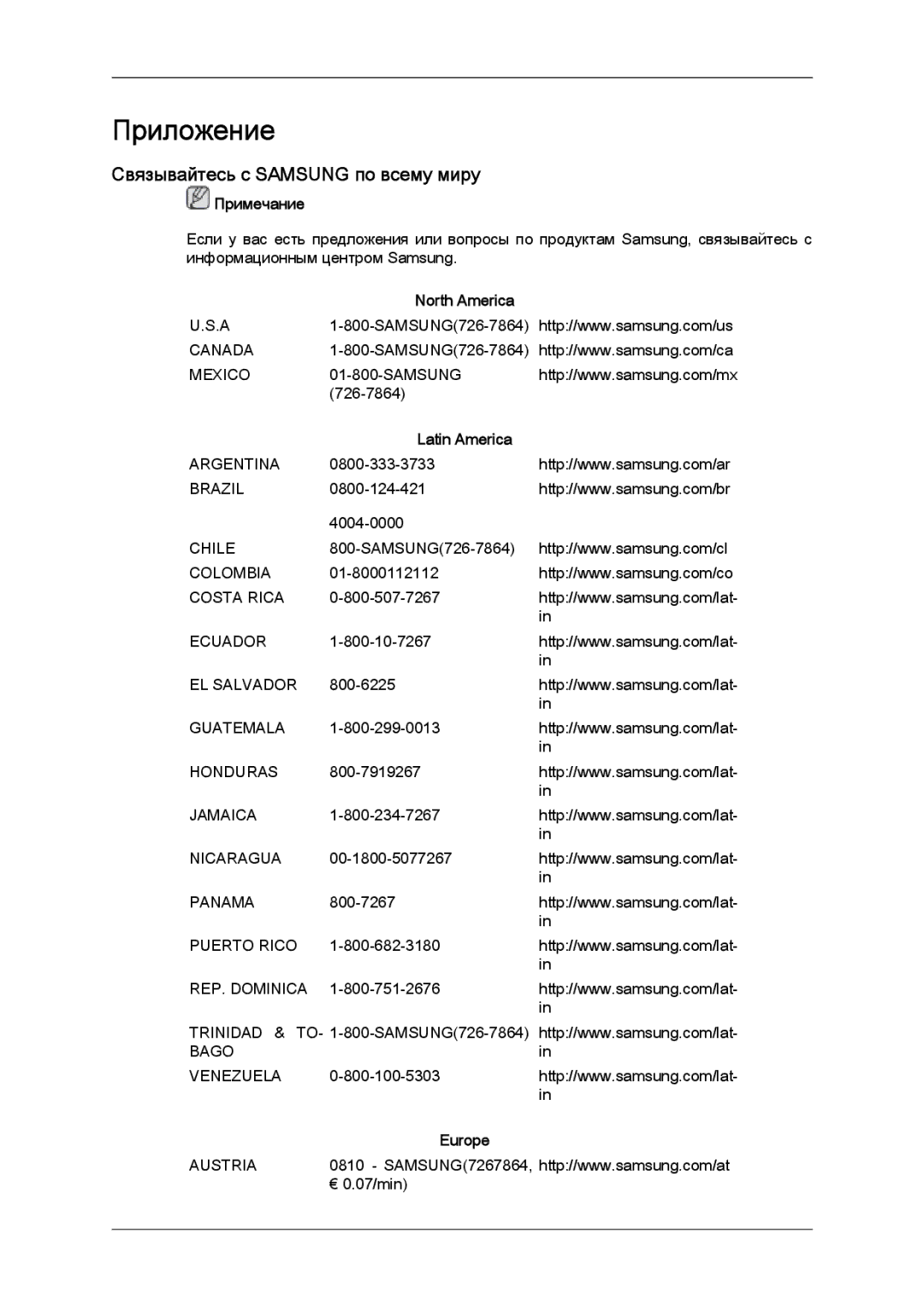 Samsung LD220G, LD190G manual Приложение, Связывайтесь с Samsung по всему миру, North America, Latin America, Europe 