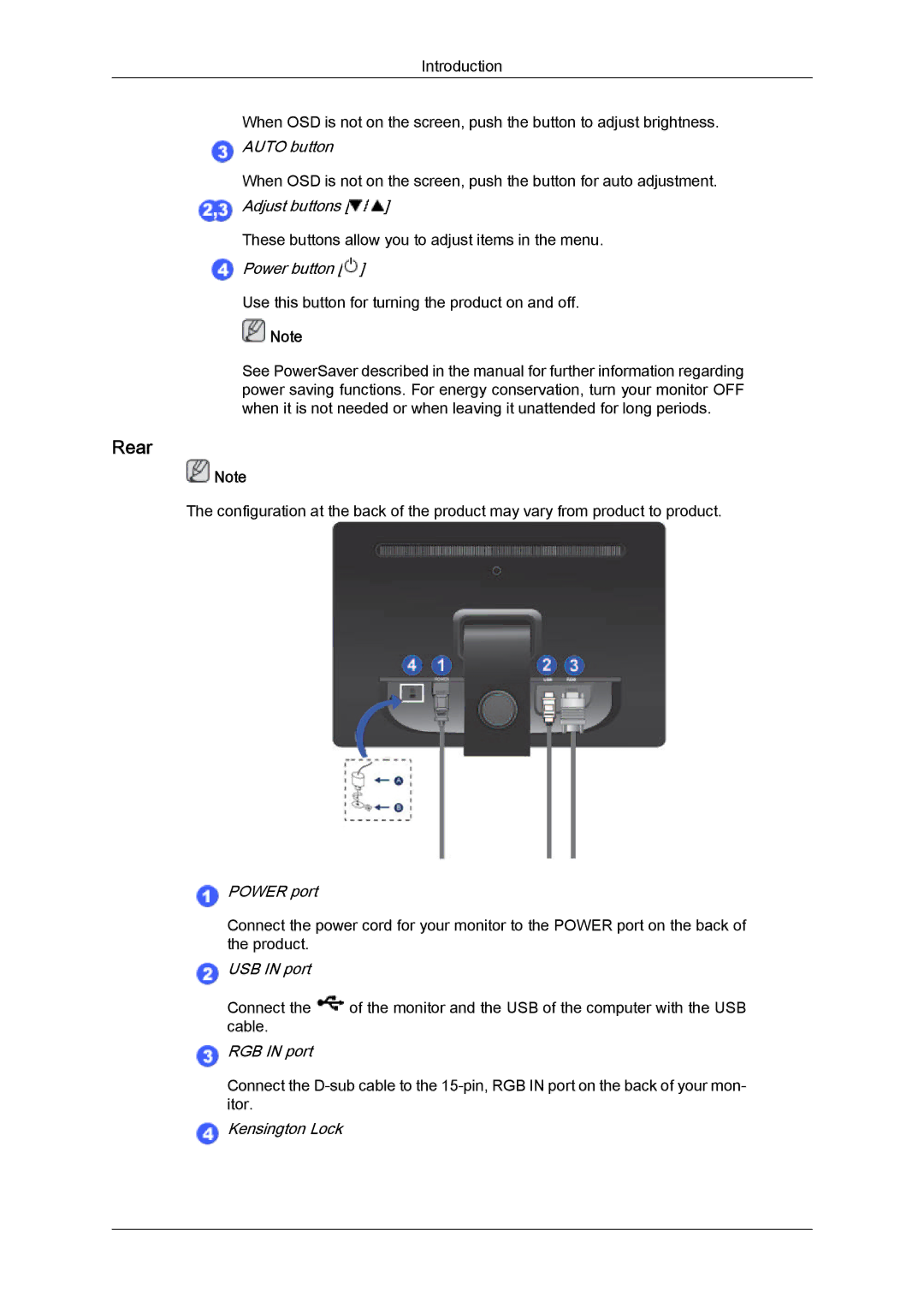 Samsung LD190G, LD220G user manual Rear, Power button 