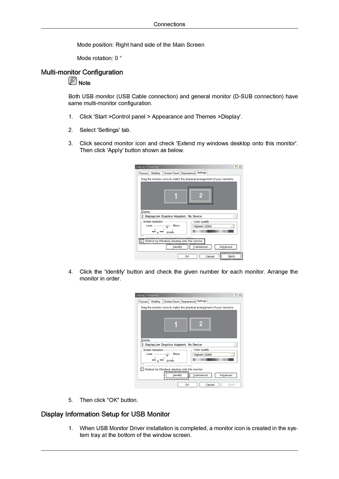 Samsung LD220G, LD190G user manual Multi-monitor Configuration, Display Information Setup for USB Monitor 