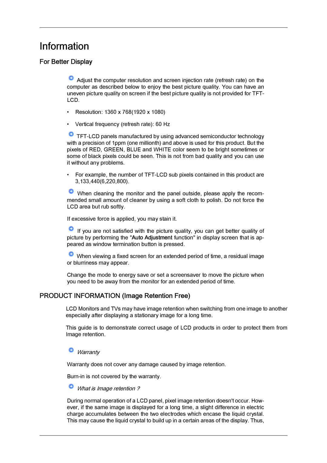 Samsung LD220G, LD190G user manual For Better Display, Product Information Image Retention Free 