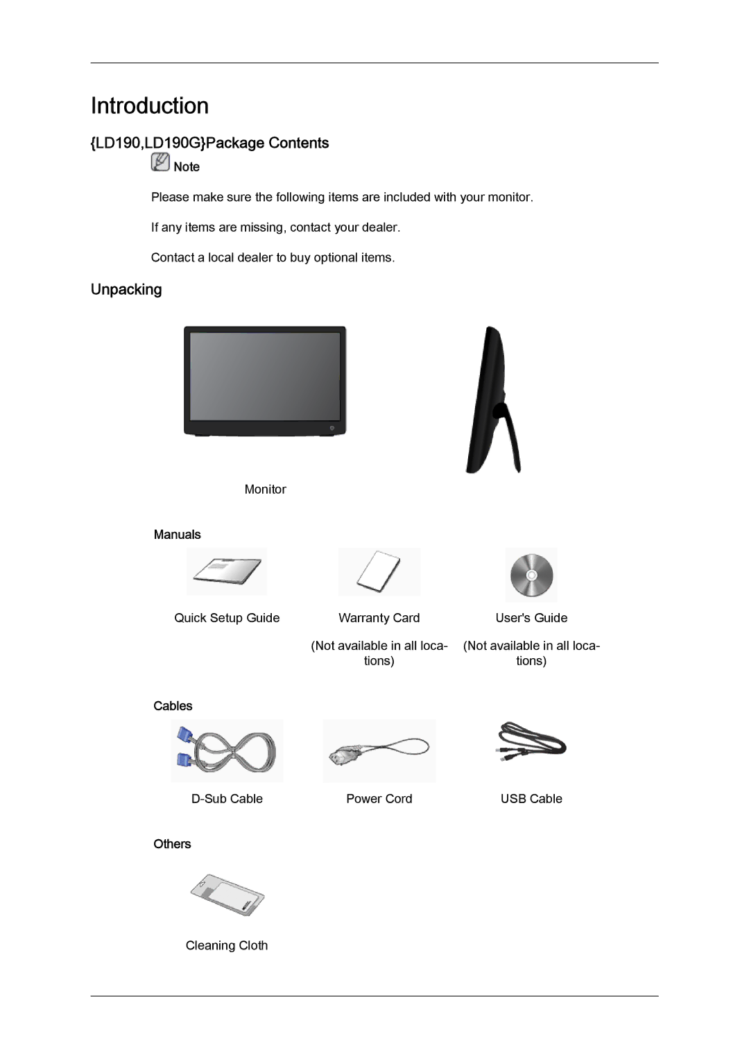 Samsung LD220G user manual Introduction, LD190,LD190GPackage Contents, Unpacking 